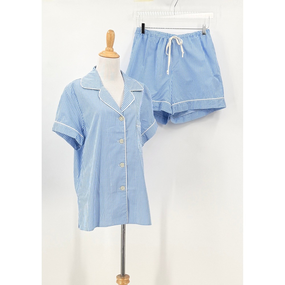 BEDHEAD Pajamas Short Set Women XL Blue Gingham Cotton Button Up Shorts